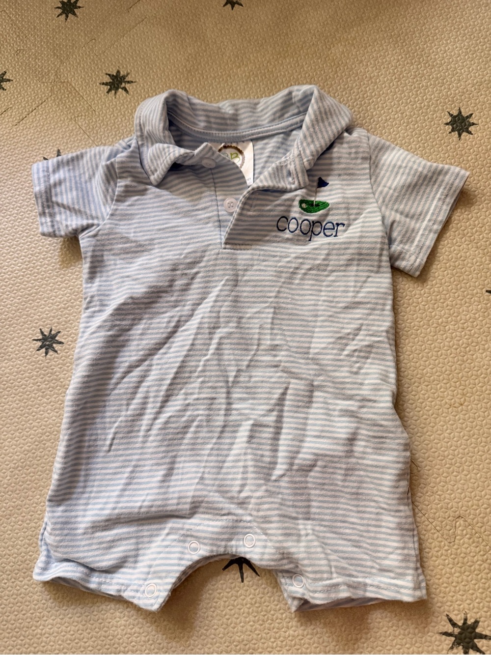 Cooper Embroidered Polo Romper Light Blue Stripes Golf Motif Blanks Boutique 6 M